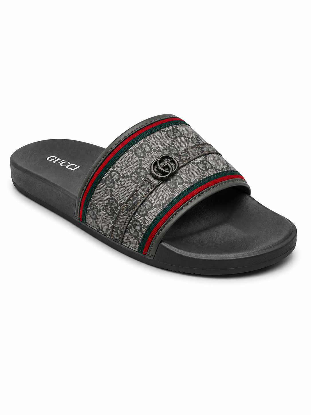 Gucce GG Supreme Web Stripe Slides – Grey