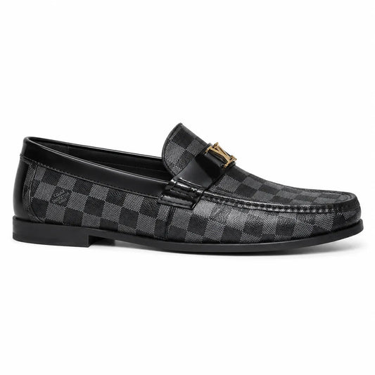 Men's Luxury Checkered Leather Loafers – Black & Grey Formal Shoes