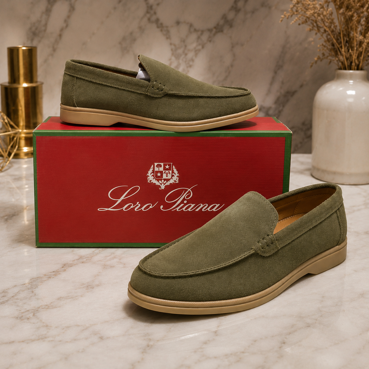 Loro Piana Premium Suede Loafers – Olive Green