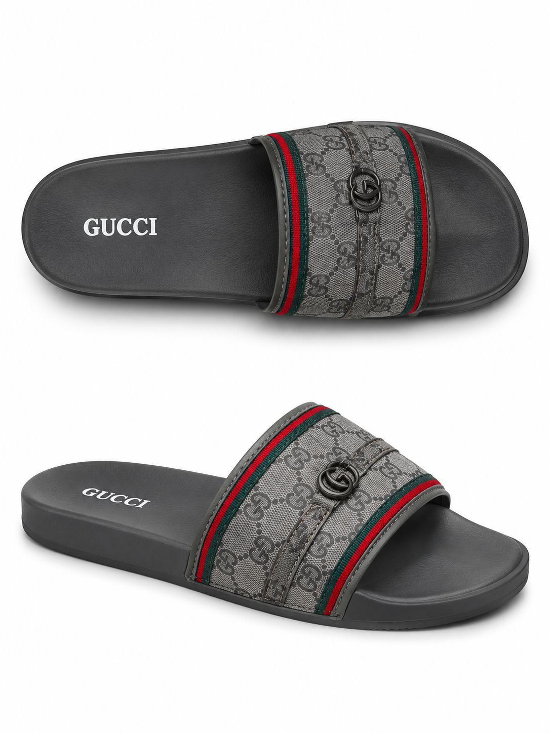 Gucce GG Supreme Web Stripe Slides – Grey