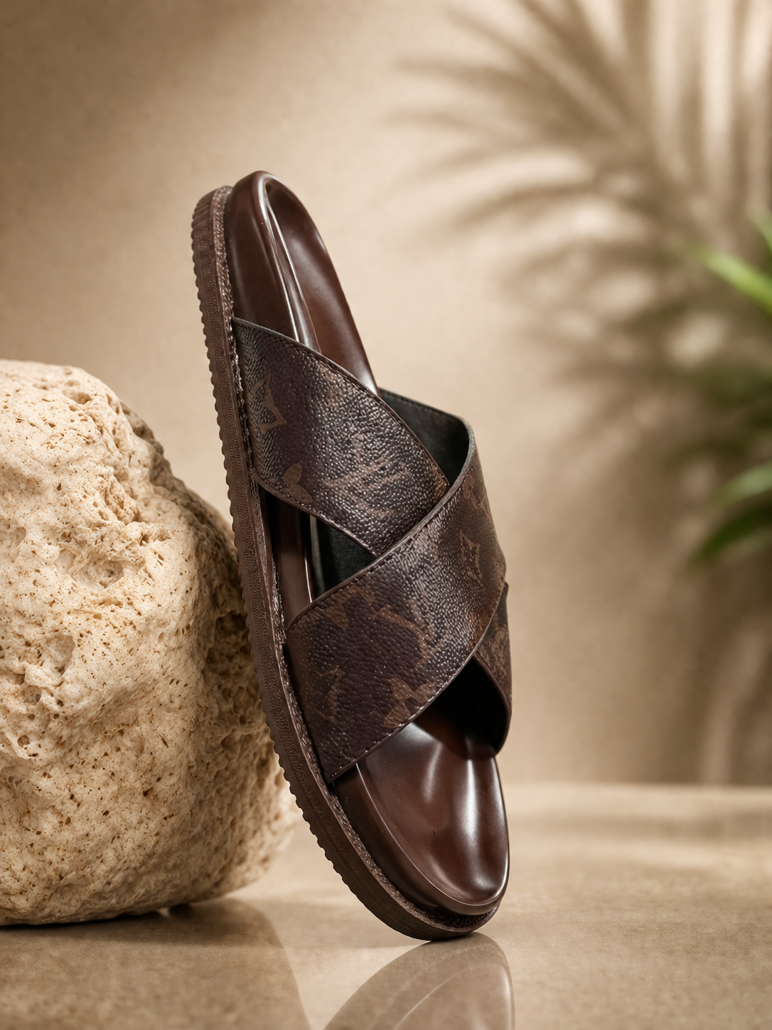 Louis Vuitton Monogram Cross Strap Slides – Brown