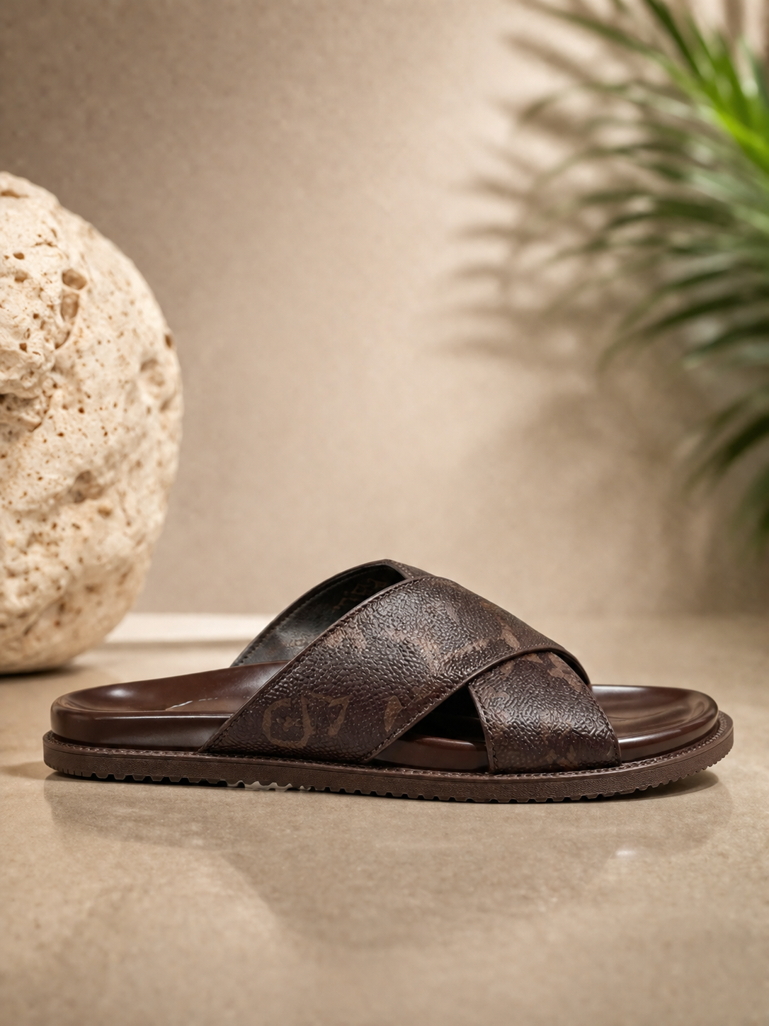 Louis Vuitton Monogram Cross Strap Slides – Brown