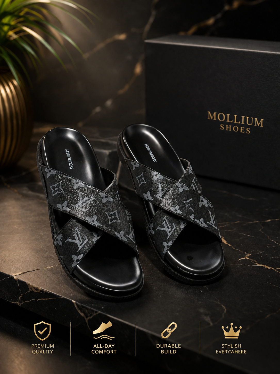 Louis Vuitton Monogram Cross Strap Slides – Black