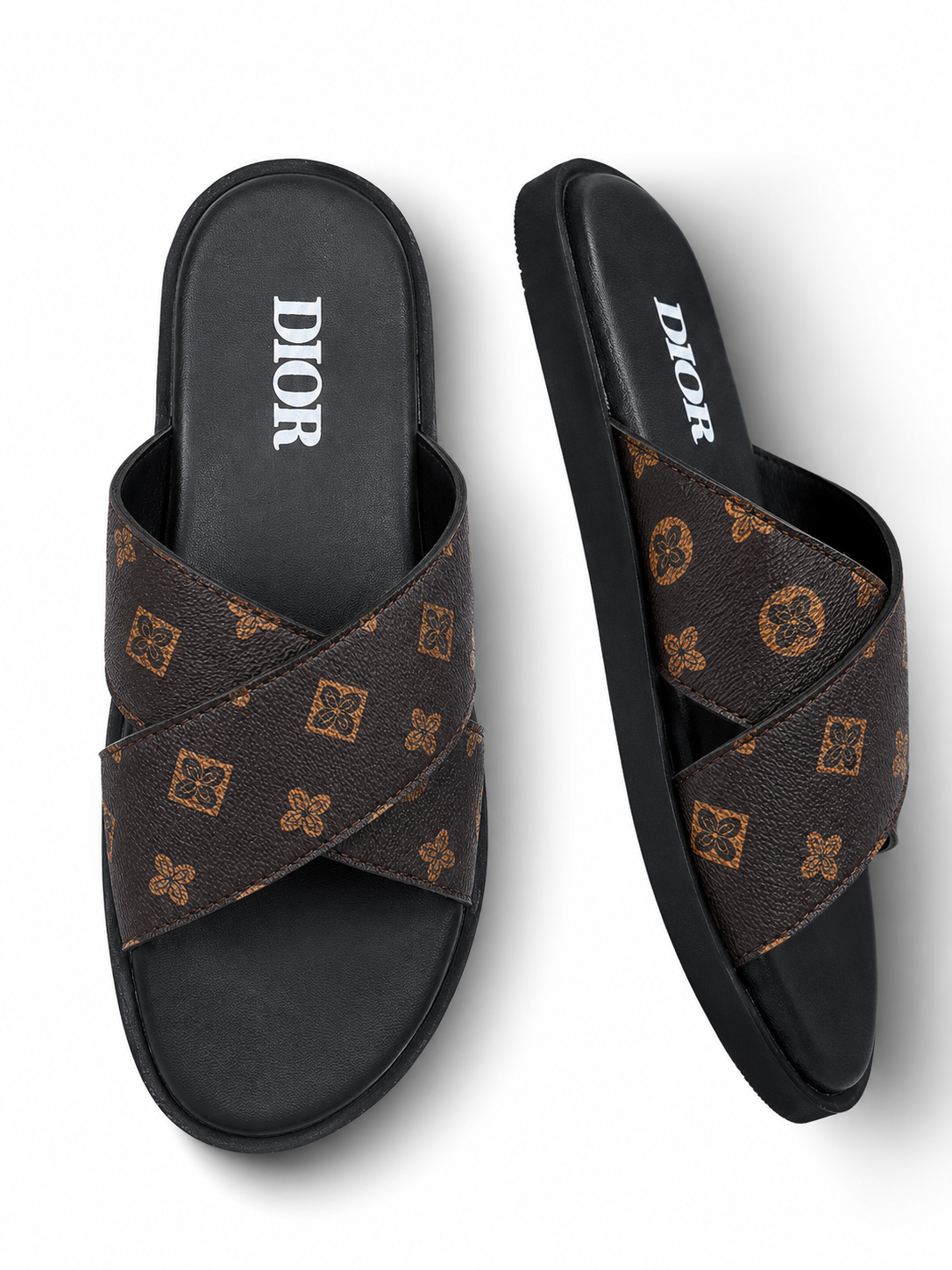 Dior Oblique Cross Strap Slides –Brown