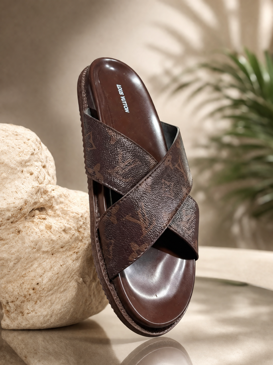 Louis Vuitton Monogram Cross Strap Slides – Brown