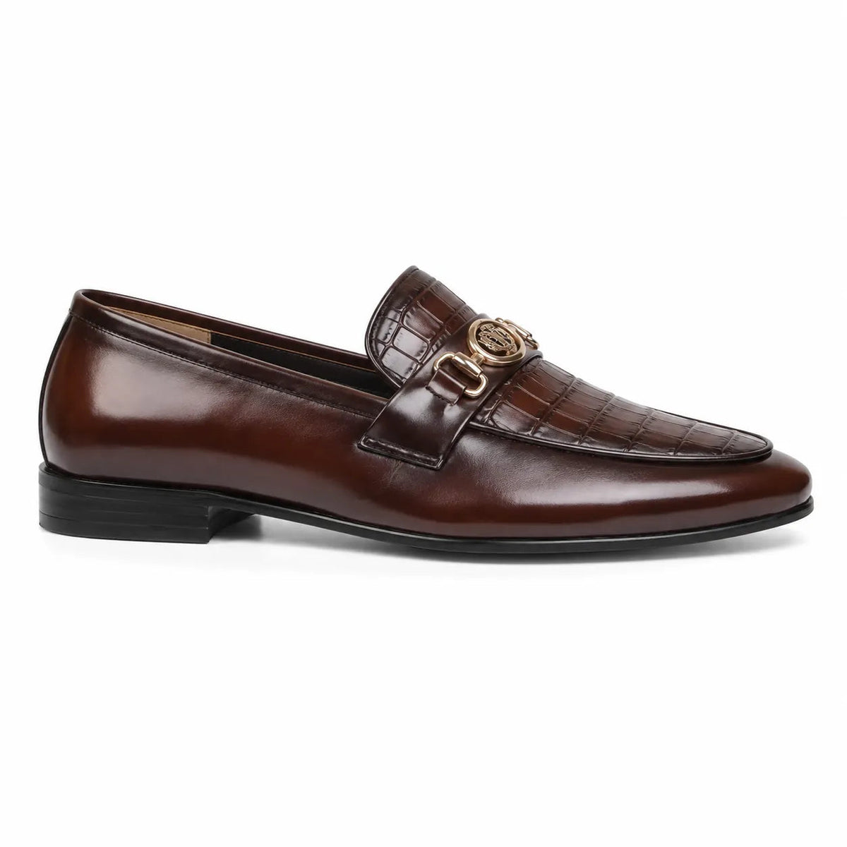 Brown Crocodile-Texture Leather Loafers with Metal Bit